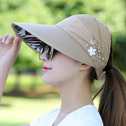 Summer Hats for Women Foldable Sun Hat Pearl Flower Visor Suncreen Floppy Cap Female Outdoor Casual Baseball Cap Hat for Woman Khaki