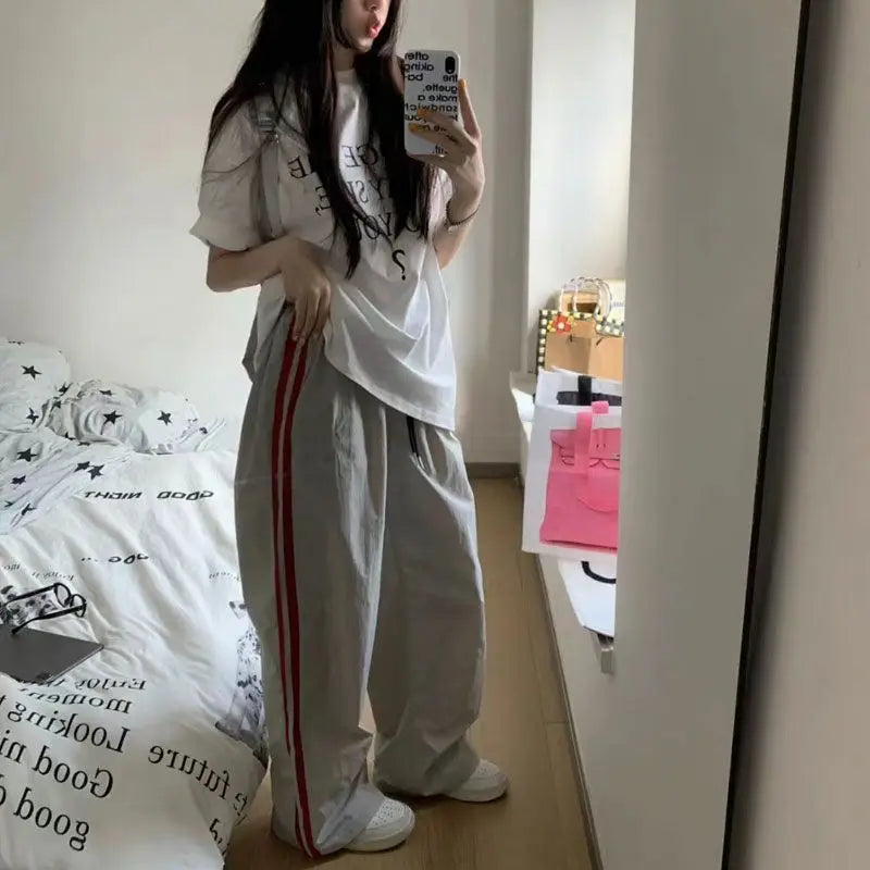 American New High Street Vintage Wide Leg Sporty Pans Women Solid Striped High Waist Pocket Drawstring Loose Straight Trousers