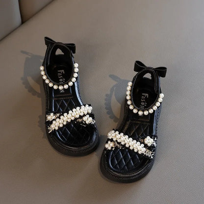 Children Summer New Sandals for Girls Fashion Pearls Beading Soft Platform Kids Casual Open-toe Beach Party Shoes with Bow-knot Black