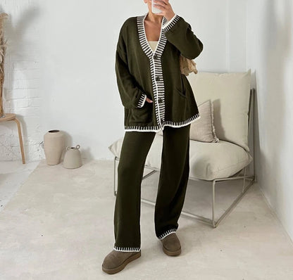 Comfortable 2 Piece Sets Women Outfit Casual Colorblock V-Neck Button Loose Pocket Pullover Straight Leg Pants Set Pajama Set