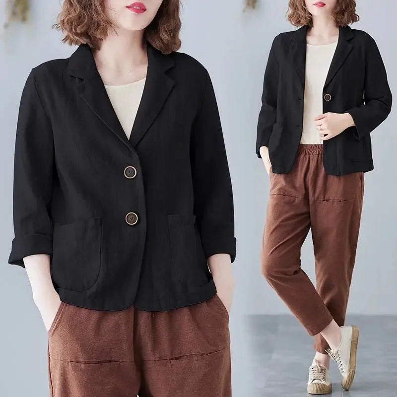 2023 Spring Summer Short Coat Cotton And linen Blazer Suit Collar Jacket Women's Casual Solid Color 3/4 Sleeves Shirt Cardigan