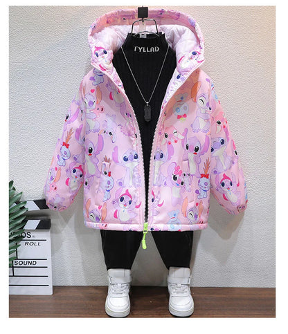 Cute Stitch Jackets For Girls Spring Children Cotton Padded Thickening Hooded Zipper Warm Outerwear Autumn Kids Casual Coats