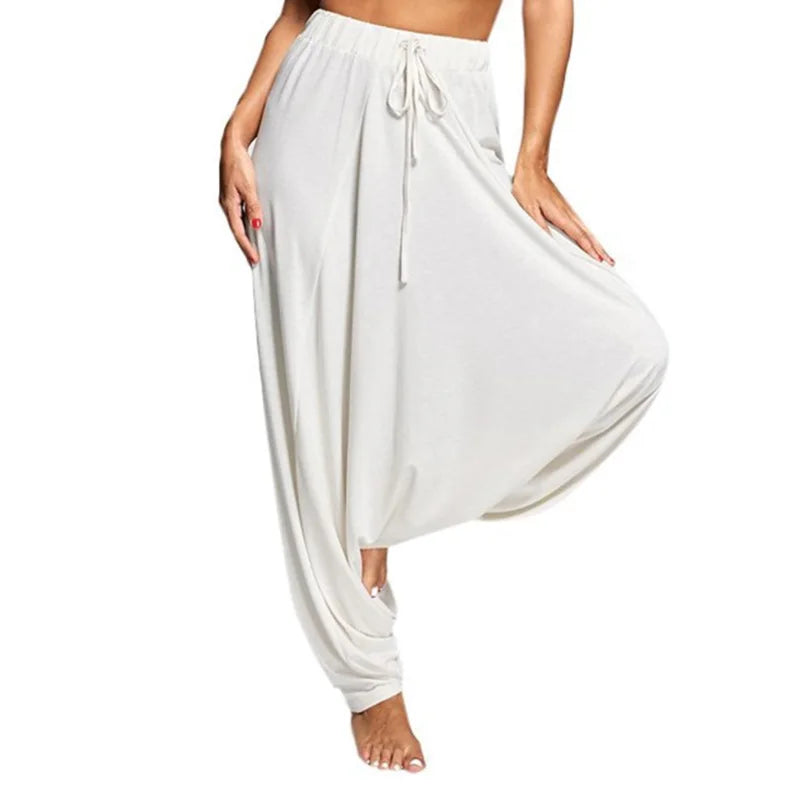 Harem Pants Womens Casual Hippy Loose Trousers Baggy Drop-crotch Solid Color Wide Leg Elastic Waist Fashion Mujer Pantalones New White