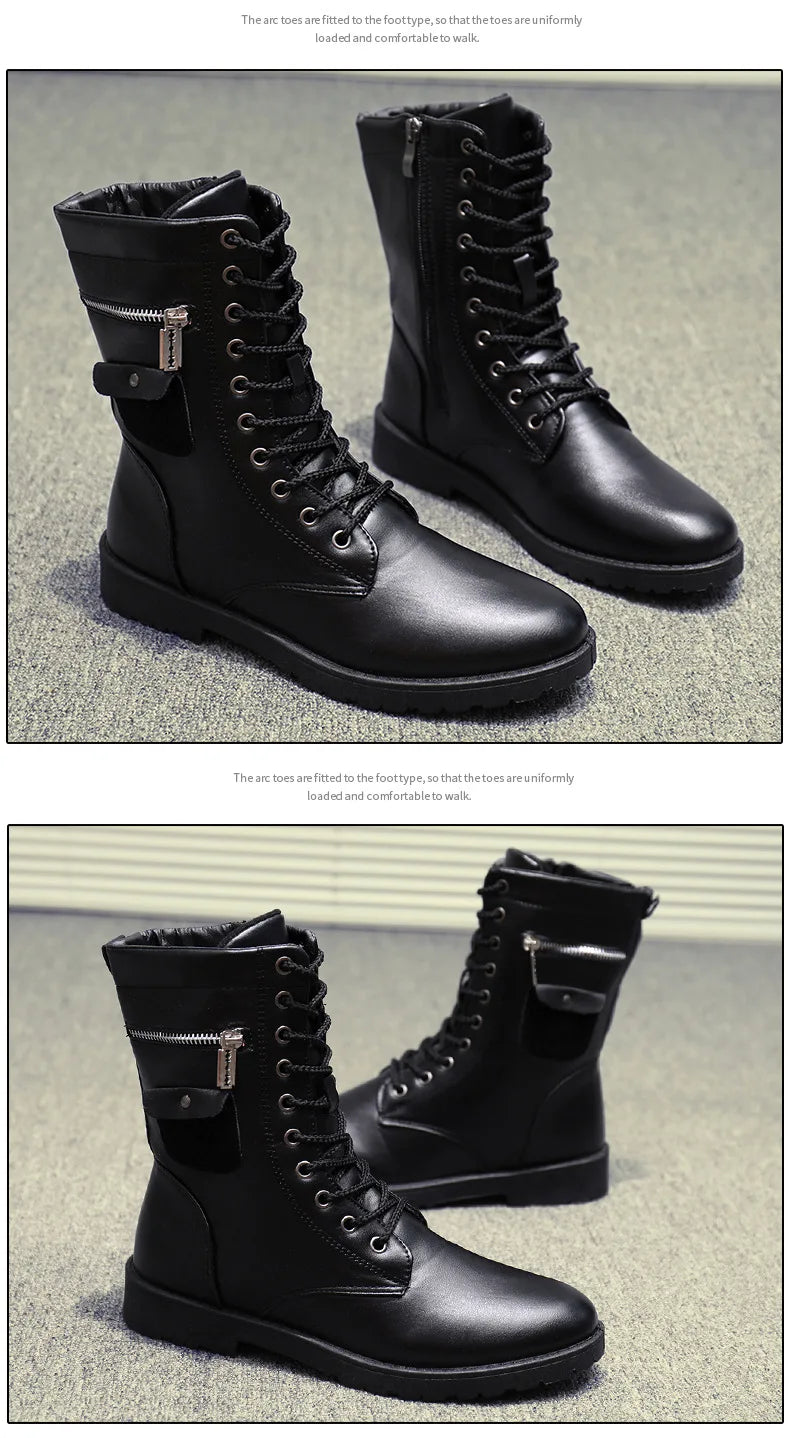 Men Boots Increasd Ankle Boots Metal Side Zipper Men's Boots British Male Motorcycle Boots Quality Mid-Carf Cotton Winter Shoes