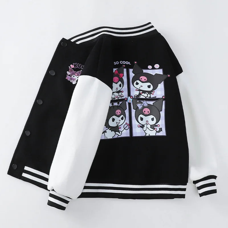 MINISO Sanrio Kuromi Jackets For Girls Spring Autumn Teen Kids Cartoon Princess Cardigan Children's Baseball Uniform Sports Tops