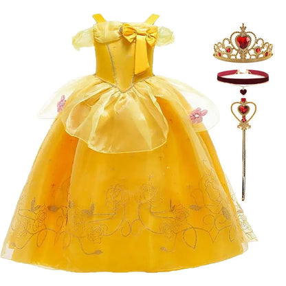 Girls Dress Belle Costume Kids Halloween Carvinal Fancy Cosplay Belle Clothes Children Wedding Party Flower Printing Dress 3-10Y