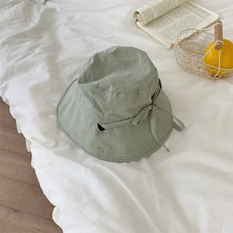 Korean Ins Lace-up Fisherman Hat Women Ins Blogger Lightweight Windbreak Windproof Rope Sunshade Basin Hat Sun Bucket Hat army green One Size