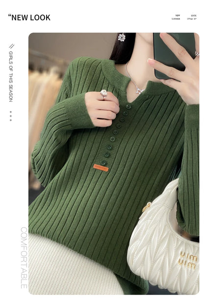 Women's Sweater Autumn/Winter New Solid Color Knitwear V-Neck Pullover Ladies Clothes Fashion Blouse Korean Style Loose Tops