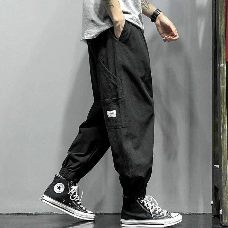 New Korean Fashion Men's Wide Leg Linen Loose Nine Point Cargo Pants Men Clothing Techwear Sweatpants Trousers Streetwear