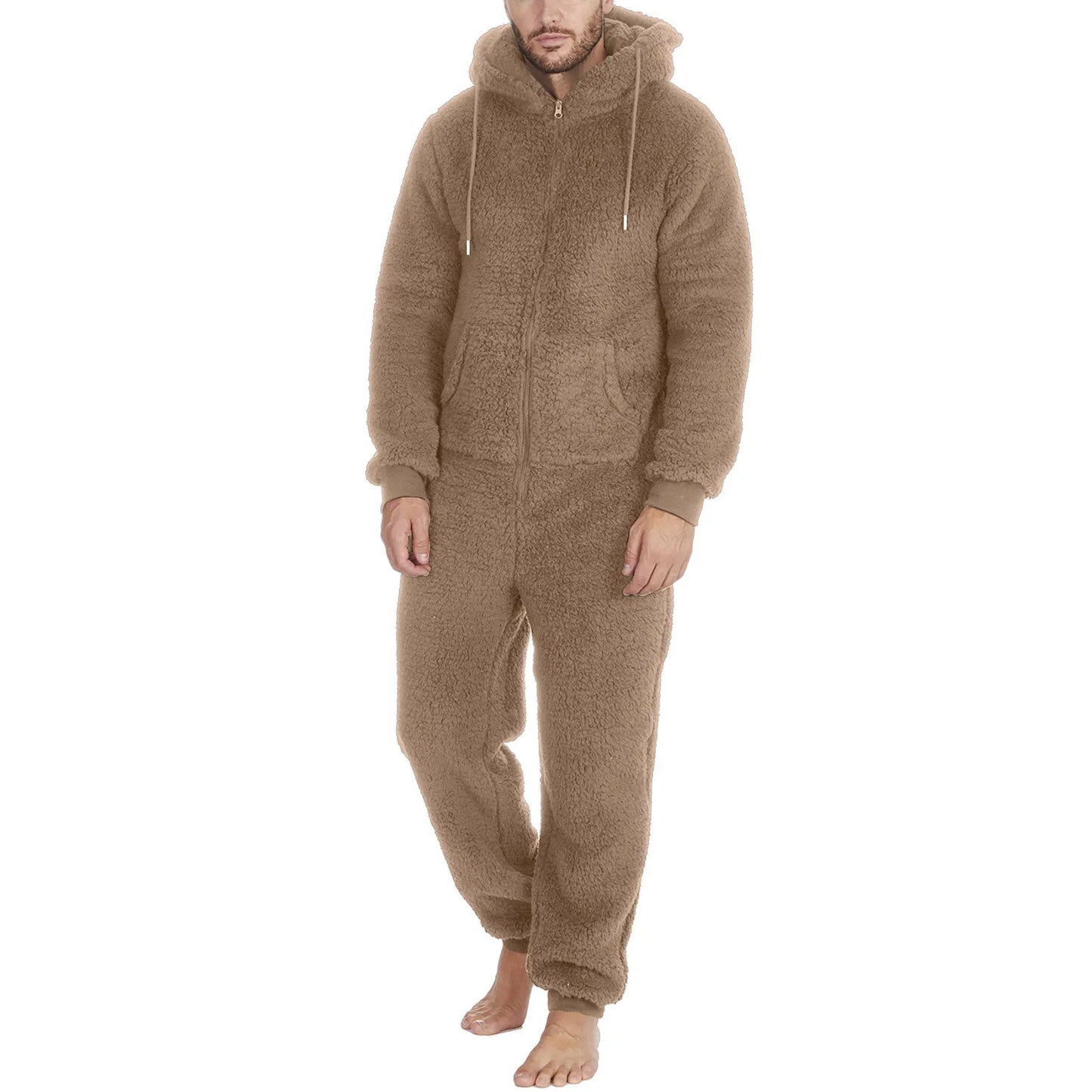 Winter Men Artificial Wool Jumpsuit Pajamas Fleece Warm Men Drawstring Bodysuit Sleepwear Solid Color Zipper Loose Hooded