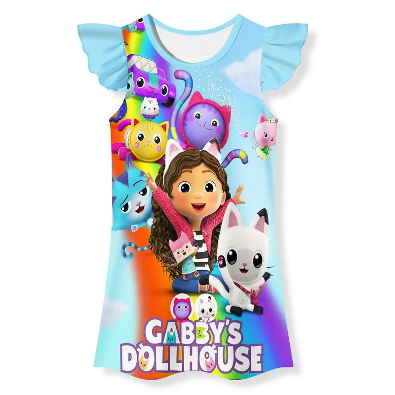 Gabby's Dollhouse Clothes Baby Girls Short Sleeve Pajamas Dress Kids Cartoon Gabby Cats Nightgown Child Party Princess Vestidos