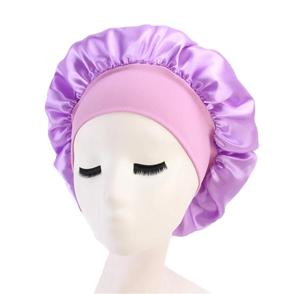 Newly Women's Satin Solid Sleeping Hat Night Hair Care Bonnet Nightcap For Women Men Unisex Cap Light purple