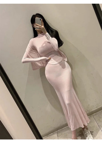 WOMENGAGA Skirts Set Pink Korea Slim Sexy Fashion Three Piece Set For Women Tight Half High Neck Short Sleeve T Shirt 70BE