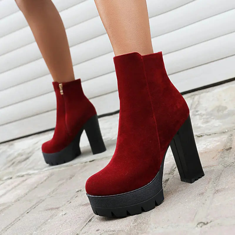 Faux Suede Round Toe High Top Mature Ladies Ankle Boots Platform Block High Heels Zip Up Burgundy Brown Warm Winter Women Shoes