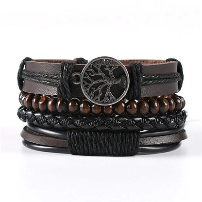 4Pcs/ Set Braided Wrap Leather Bracelets For Men Vintage Life Tree Rudder Charm Wood Beads Ethnic Tribal Wristbands 01