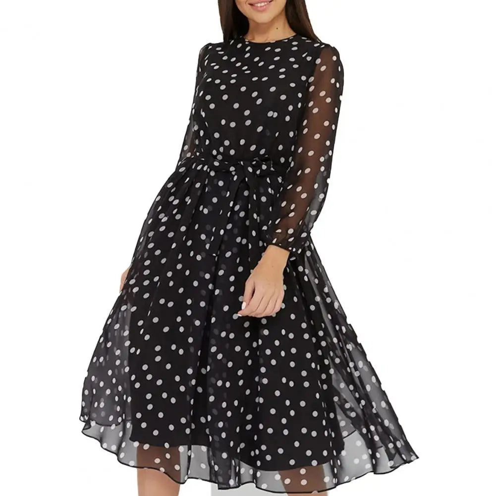 Women Dress Dot Print Lace-up Spring Summer Vintage Large Hem Loose Maxi Dress for Beach Women's Clothing Black