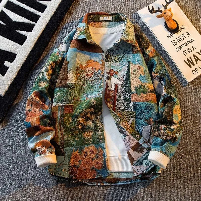 Men's Clothes American Vintage Oil Painting Shirt Embroidered Flower Men's Long Sleeved Shirt Men Shirts Art Student Casual Coat