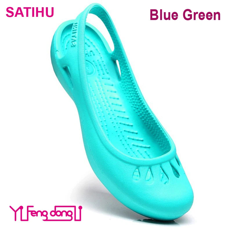 Lovely Satihu Summer New Lightweight Anti Slip Hole Shoes Clog For Women's Flat Bottom Sandals Nurse Outdoor Beach Jelly Blue Green