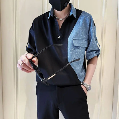 Fashion Lapel Spliced Pockets Denim Casual Shirts Men's Clothing 2024 Summer New Loose Korean Pullovers Tops Young Style Shirts