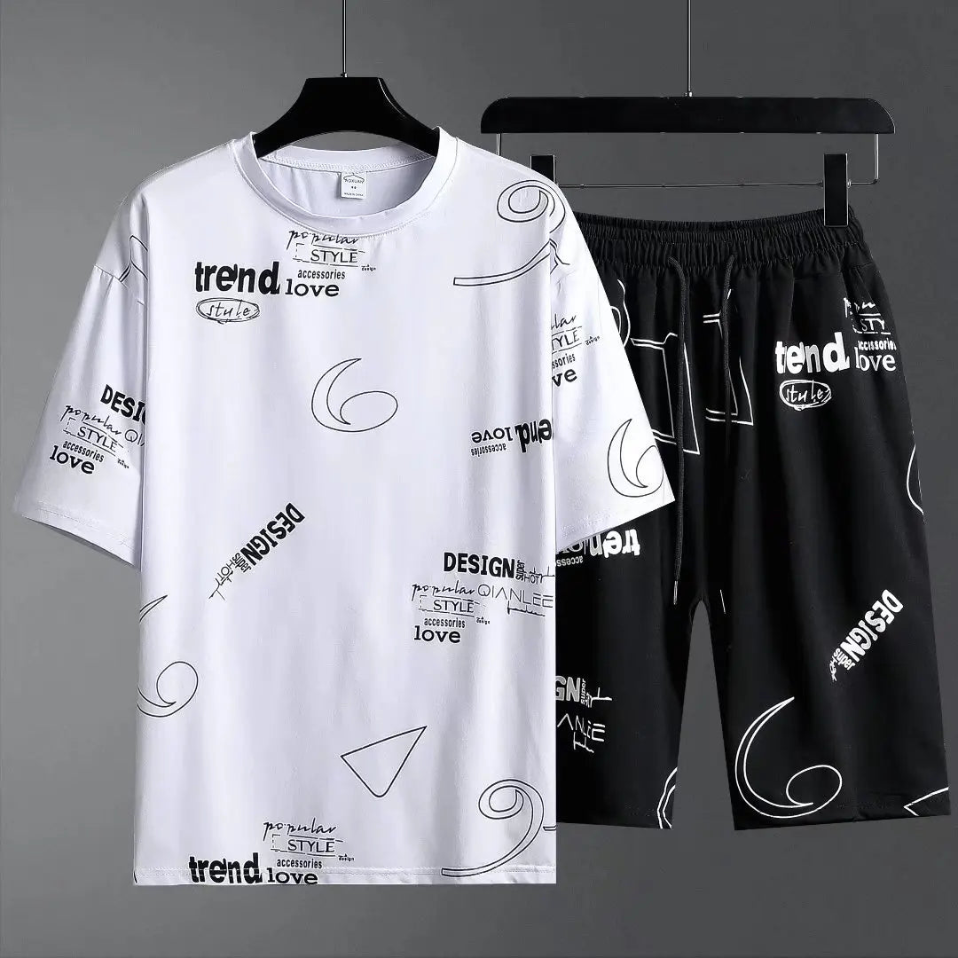 Summer Tshirt Shorts 2 Pieces Set White Tracksuit Men's Letters Print Vintage Streetwear Creative Pattern Men Sets Short Outfits WHITE