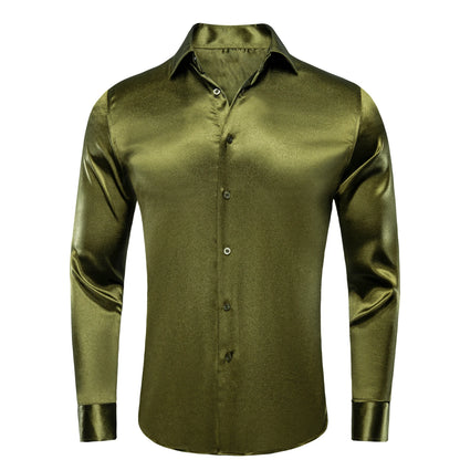 Hi-Tie Gold Luxury Mens Shirts Silk Jacquard High Quality Long Sleeve Lapel Shirt Casual Formal for Male Wedding Business Gifts