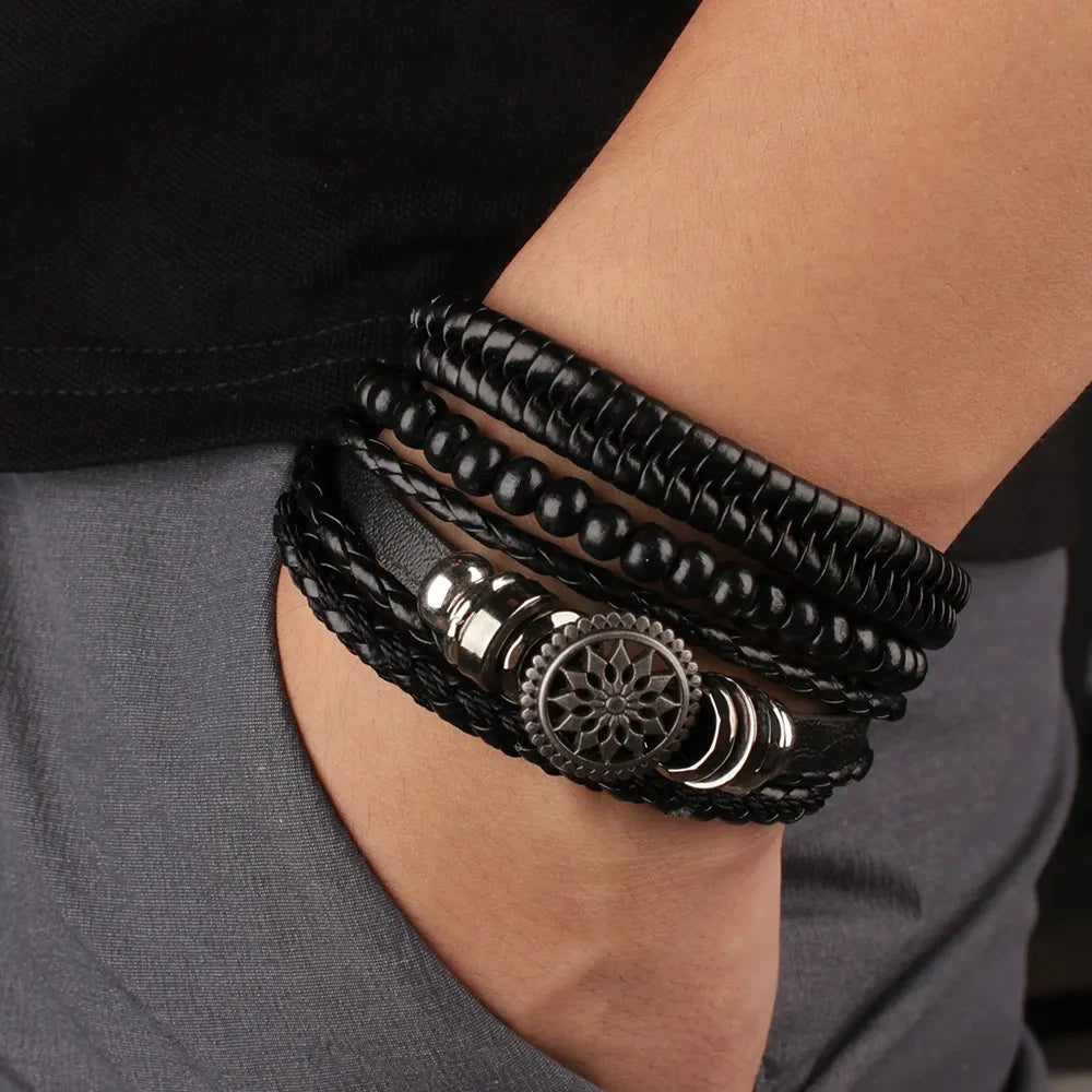 4Pcs/ Set Braided Wrap Leather Bracelets For Men Vintage Life Tree Rudder Charm Wood Beads Ethnic Tribal Wristbands