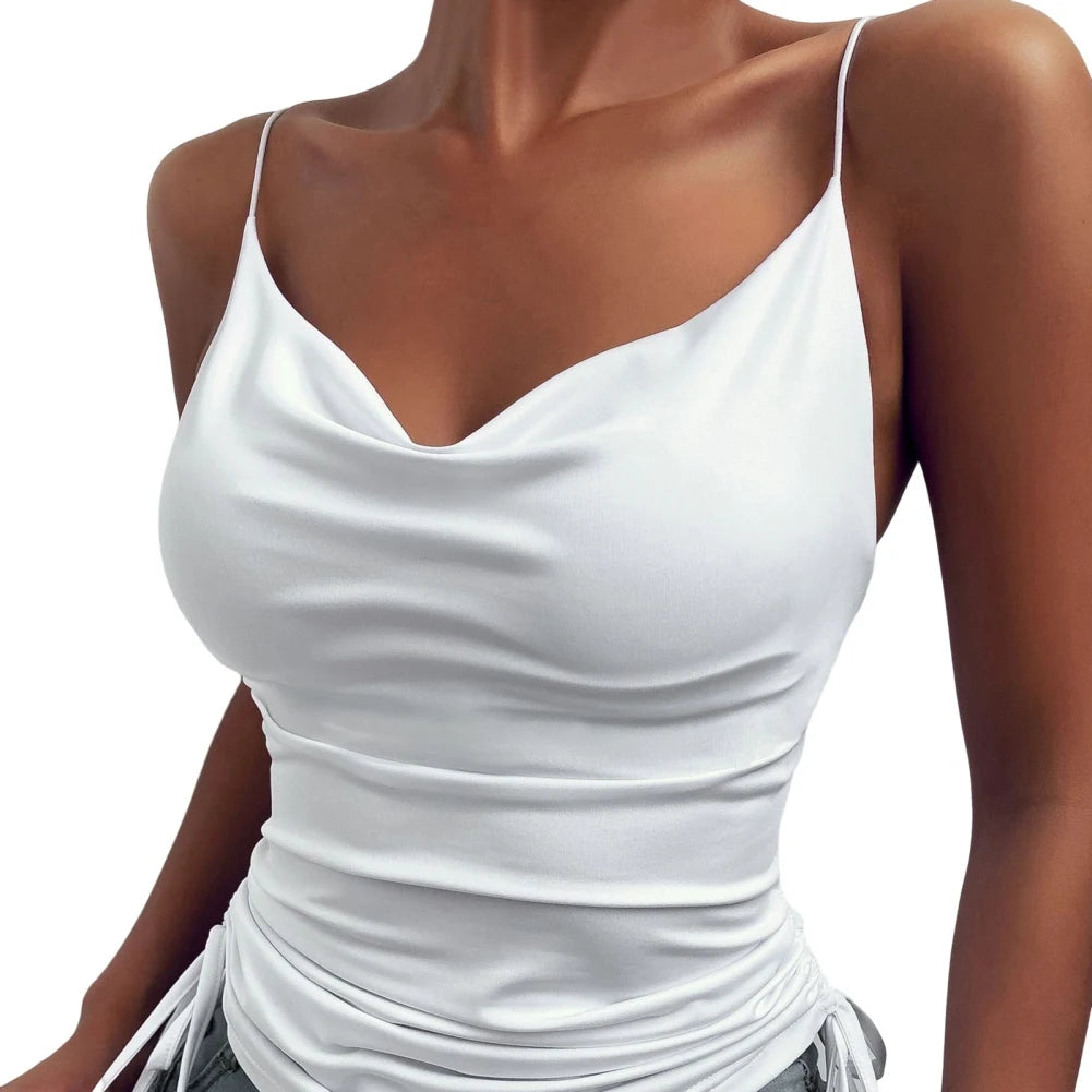 Women's Tank Top Suspender Solid Color Deep V-neck Tight-fitting Drawcord Design Summer Suspender WHITE