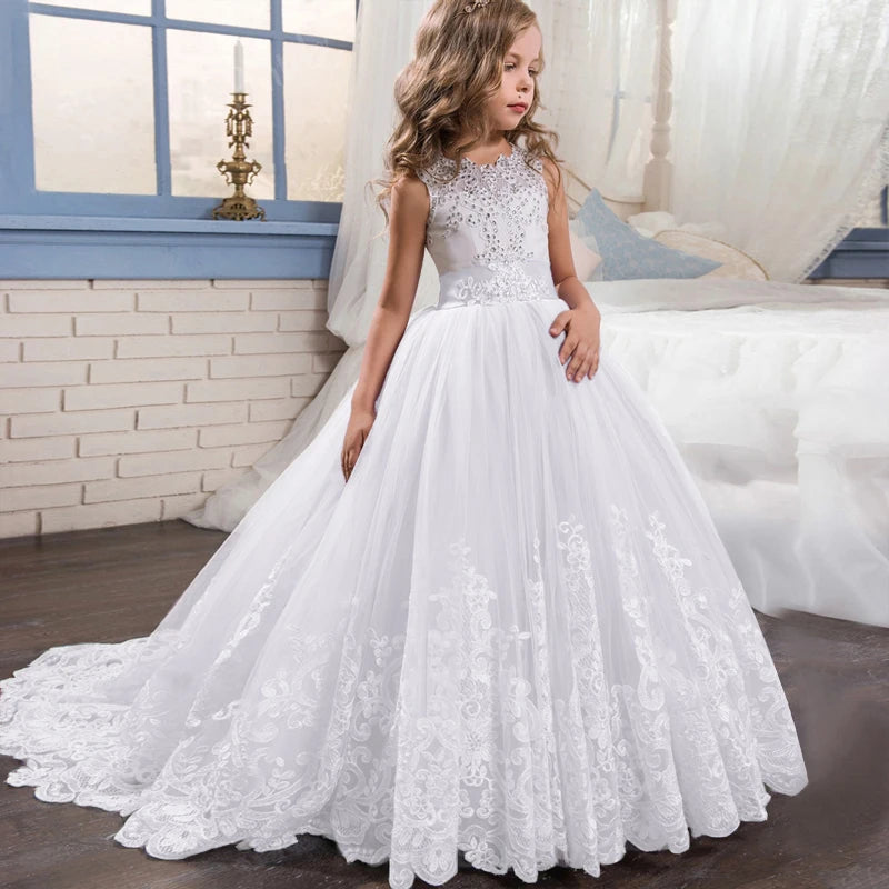 Girls Christmas Dress For Kids Wedding Evening Party Bridesmaid Long Dress Prom Gown Children Teenager New Year Princess Costume white 03