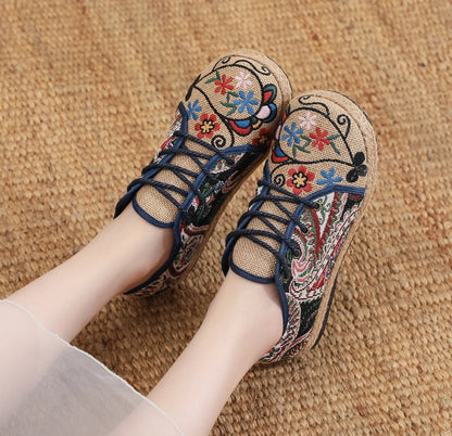 Women Shoes Round Head Cotton Linen Canvas Single National Woven Round Toe Lace Up Cloth Shoes Woman Flats Size 35-40