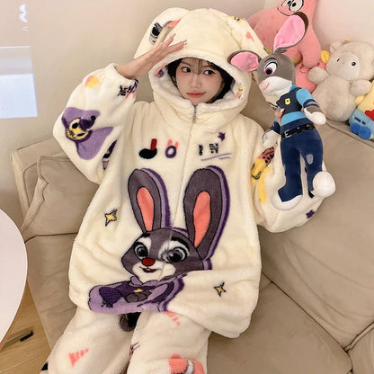 Sanrio Cartoon Hello Kitty Pajamas Female Flannel autumn Winter New Plus Thicken Velvet Sweet Keep Warm Pajamas set leisure wear