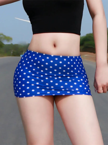 Women's Skirt Shorts Blue Star Printing Hot Girls Low Waisted Elastic See Thro Hip Tight Mini Skirt Kawaii Womens Clothing Sexy