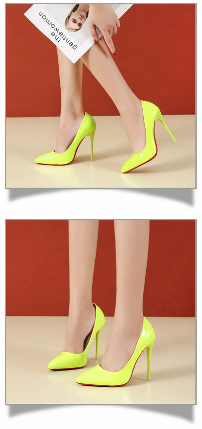 2023 Spring Super High 12cm Stiletto Heels Pumps Women Shoes Pointed Toe Florescence Patent Leather Office Thin Heel