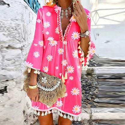 Women Vintage Print V Neck Tassel Mini Dress Casual Loose Three Quarter Sleeve Beach Dress 2024 Spring Summer Party Dress Femme