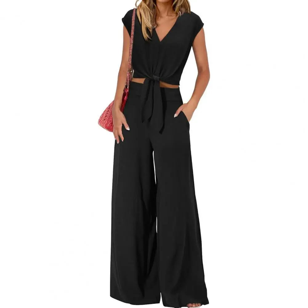 Women Top Pants Suit Elegant Lace-up Knot Women's Top Pants Set for Office Wear V Neck Short Sleeves Solid Color High for Women Black China