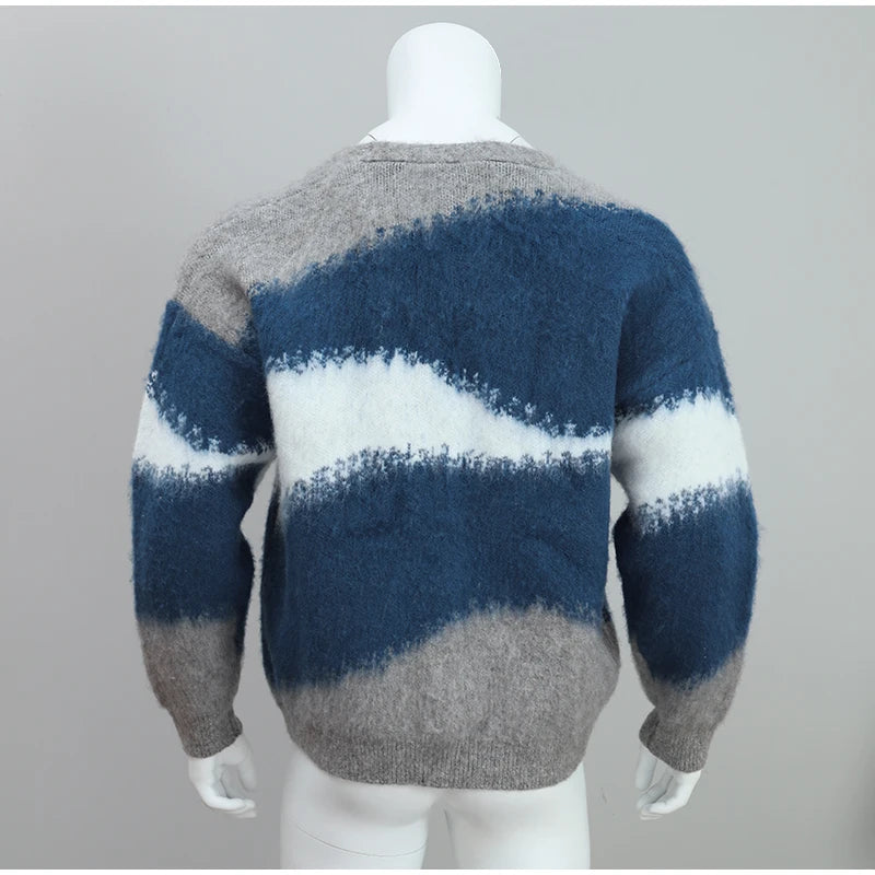 Striped Plush V-neck Cardigan Men's Loose Casual Brushed Knitted Sweater Trendy Simple Versatile Harajuku High Street Coats