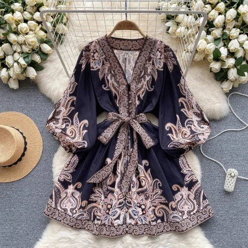 Vintage Print Elegant Puff Sleeve A-line Vneck Mini Dress Casual Women Fashion Autumn Spring Dress black