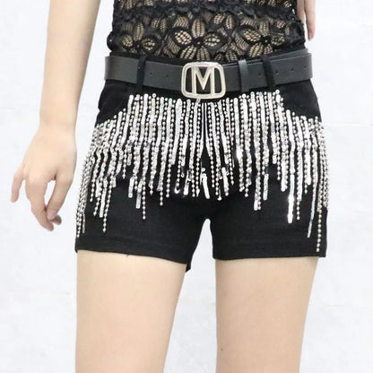 Black Sequins tassels Denim Shorts Women's Streetwear 2023 Summer New Korean Slim Chain Trend Hot Pants White Casual Short Jeans