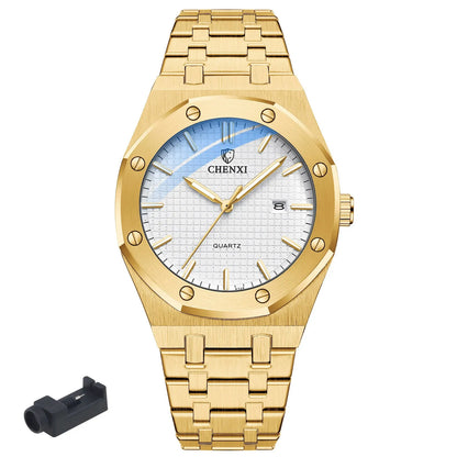 Top Brand Men Golden Watches Royal 3ATM Waterproof Stainless Fashion Business Steel Men's Quartz Wristwatch Calendar Gift Clock Gold White