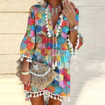 Women Vintage Print V Neck Tassel Mini Dress Casual Loose Three Quarter Sleeve Beach Dress 2024 Spring Summer Party Dress Femme 10