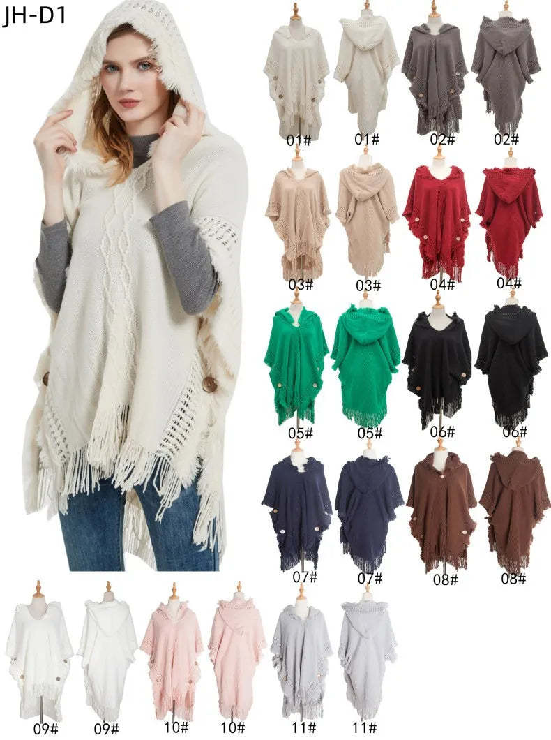 2023 Women's Hooded Shawl Warm Spring and Autumn Large Size Knit Sweater Button Hooded Cape Shawl