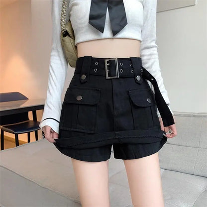 Designer Fake Two-piece Skirts Shorts Women Autumn and Winter High-waisted Y2K A-line Belt Shorts Women's Outwear Cargo Shorts Black