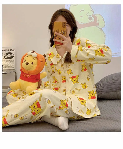 Elegant Winnie The Pooh Bear Cute Pajamas Women Spring Autumn Long Sleeve Sleepwear Fashion Kawaii Loose Cartoon Home Clothes Y2k