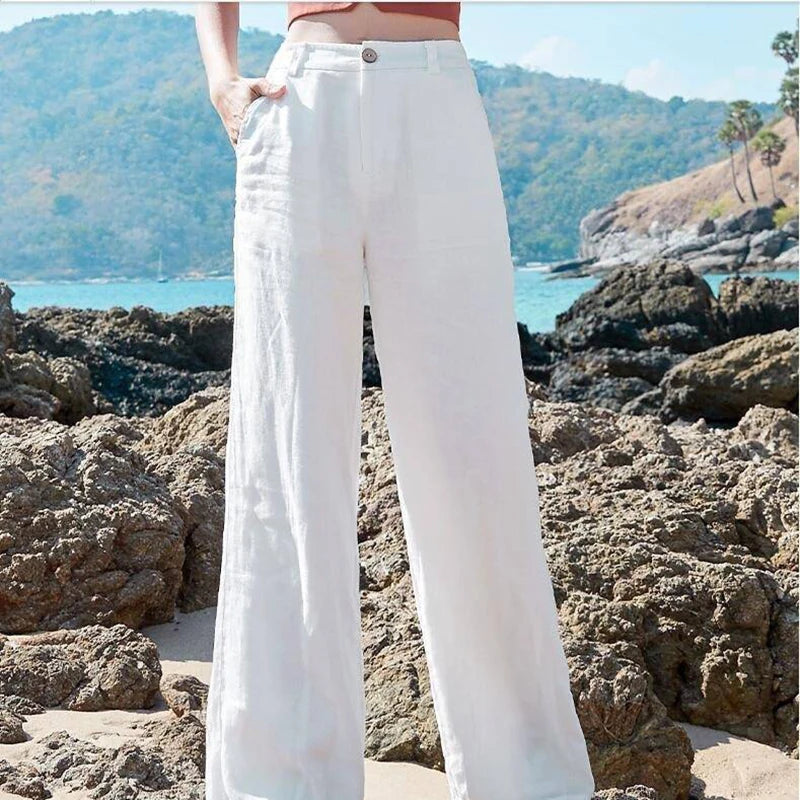 Summer High Waist Pants Women Korean Fashion Cotton Linen Wide Leg Pantalones Solid Loose Vintage Straight Sport Trousers S-3XL