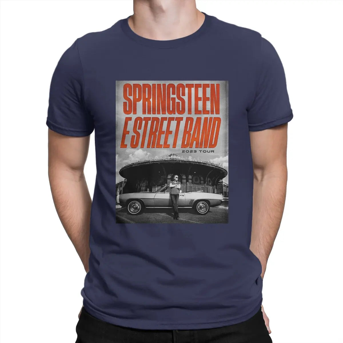 Poster T Shirt Men's 100% Cotton Novelty T-Shirts Crewneck Bruce The E Street Band Springsteen Tee Shirt Short Sleeve Tops Navy Blue