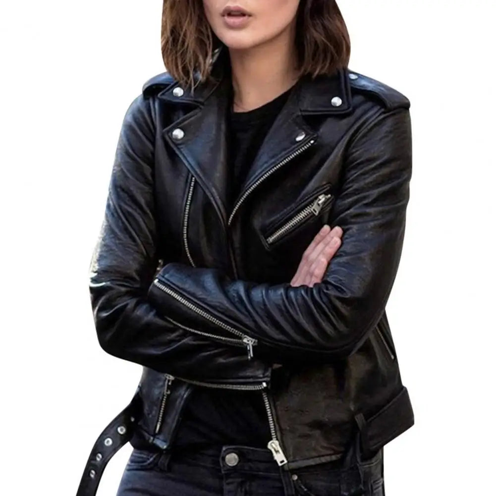 Autumn Short Jacket Solid Female Moto Biker Jackets Thin Ladies Cool Faux Leather Jacket Slim Short Leather Outwear black