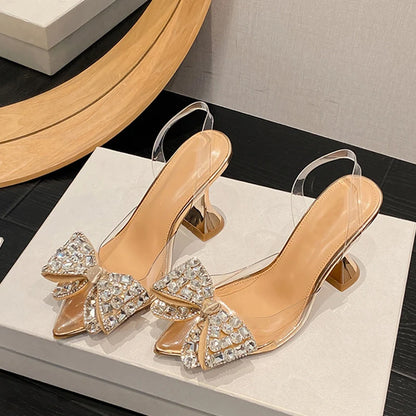 Liyke PVC Transparent Women Pumps Sexy Crystal Bowknot Pointed Toe  Slingback High Heels Mules Sandal Female Wedding Prom Shoes