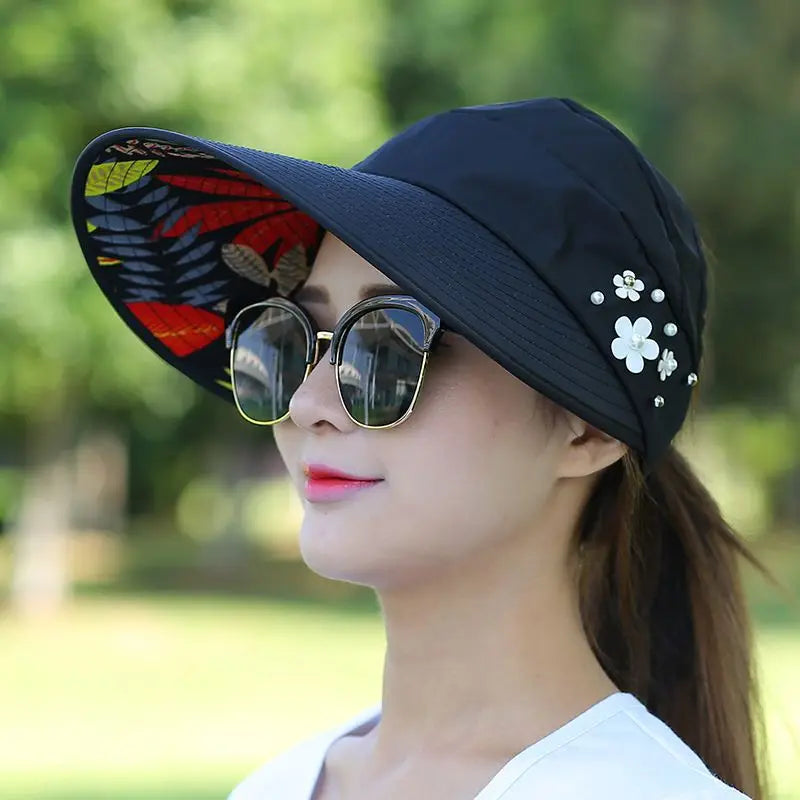 Summer Hats for Women Foldable Sun Hat Pearl Flower Visor Suncreen Floppy Cap Female Outdoor Casual Baseball Cap Hat for Woman Black