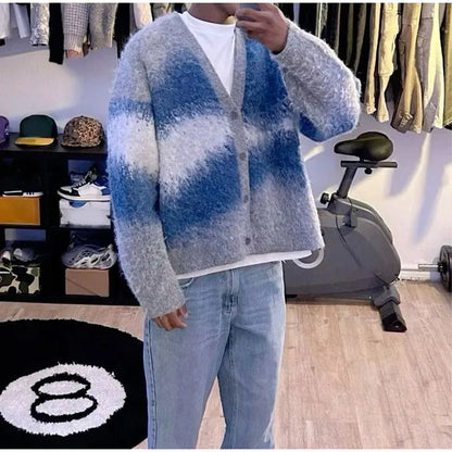 Striped Plush V-neck Cardigan Men's Loose Casual Brushed Knitted Sweater Trendy Simple Versatile Harajuku High Street Coats