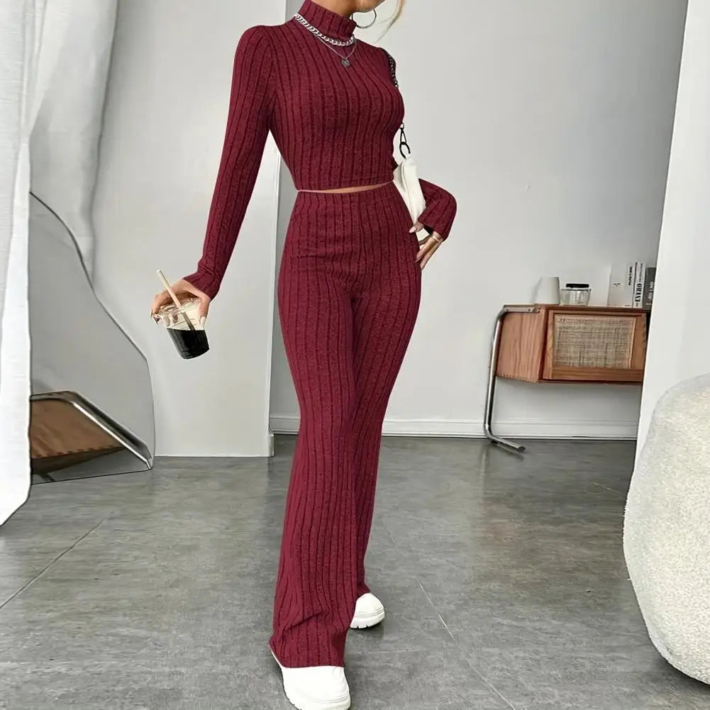 Slim Fit Women Suit Women Knitted Suit Elegant Knitted Winter Outfit Turtleneck Cropped Top High Waist Flared Pants Women's Slim