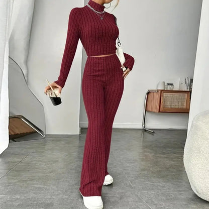 Slim Fit Women Suit Women Knitted Suit Elegant Knitted Winter Outfit Turtleneck Cropped Top High Waist Flared Pants Women's Slim